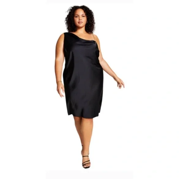 And Now This Black One Shoulder Cowl Neck Gold Chain Asymmetrical Satin Dress - Picture 12 of 12